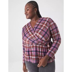Lane Bryant Classic Faux Wrap Plaid Top Sz 26/28 Peplum Long Sleeve Academia‎